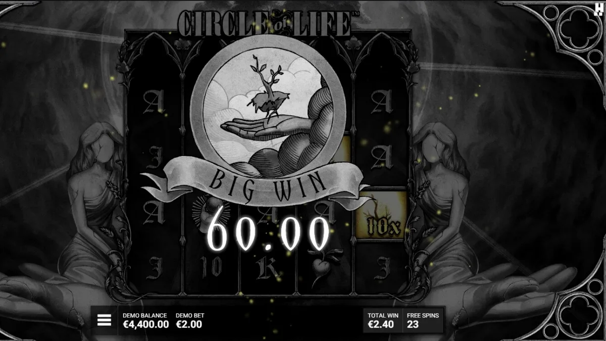 Tangkapan layar permainan slot Circle of Life dari Hacksaw Gaming, menampilkan gulungan monokrom dengan Pohon Kehidupan berwarna-warni di tengah dan entitas tanpa wajah di samping.